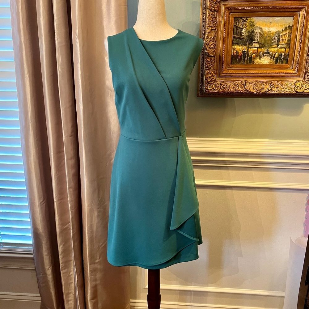 Calvin Klein Teal Stretch Crepe Sleeveless Dress w/ Pleated Side Ruffle Size 12